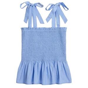 J Crew Factory Smocked Tie-Shoulder Blue Tank Top